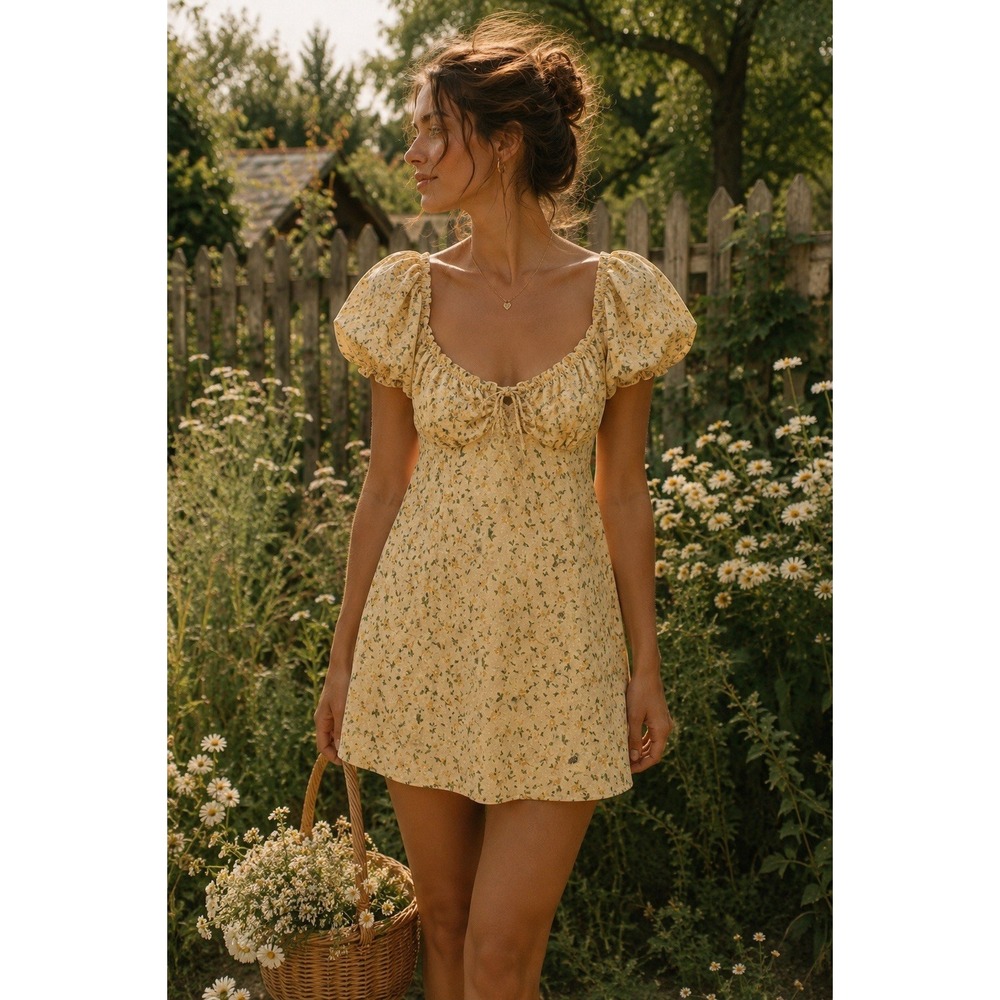 Windsor XS Buttercream Yellow Floral Mini Dress Puff Sleeve Cottagecore